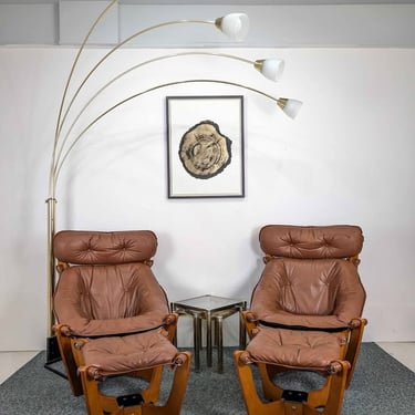 Pair of Brown Leather &amp; Teak Luna Lounge Chairs &amp; Ottomans