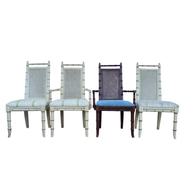 Set of 4 Faux Bamboo Dining Chairs - Vintage American of Martinsville Rattan Cane Side & Armchairs - Hollywood Regency Coastal Furniture 