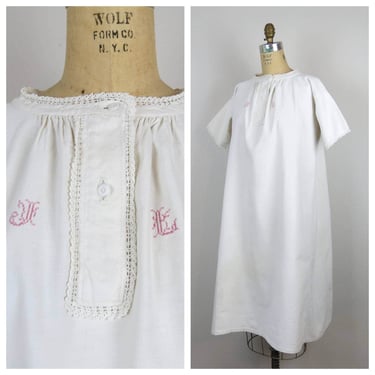 Antique linen chemise night dress shift French embroidered Victorian 