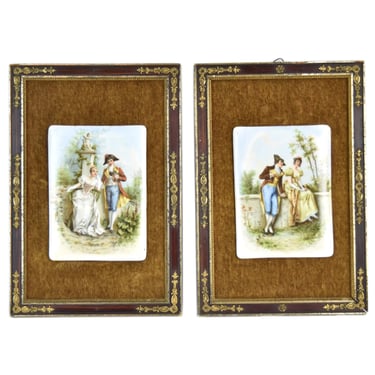 Pair German 19th Century Porcelain Plaques in Bronze Mounted Empire Frames 