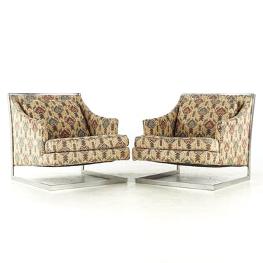 Milo Baughman Style Mid Century Chrome Cantilever Lounge Chairs - Pair - mcm 
