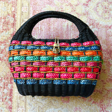 AS-IS *** Modern Vintage 1950s 1960s 50s 60s Style Rainbow Wicker Straw Woven Box Purse Handbag 