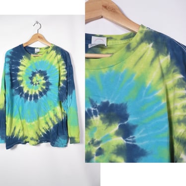 Vintage 90s/Y2K Distressed Beat Up Green And Blue Swirl Long Sleeve Tie Dye Cotton Tshirt Size XL 