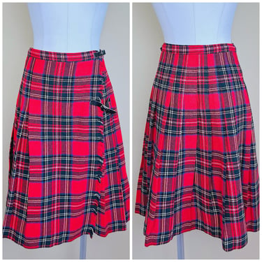 1980s Vintage Acrylic Red Tartan Plaid Skirt / 80s High Waisted Wool Fringe Buckle Pleated Skirt / Small - Medium 