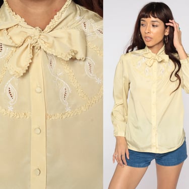 Ascot Shirt Secretary Blouse Yellow Long Puff Sleeve Top 80s Embroidered Bow Neck Ascot Top Button Up Vintage 1980s Shirt Small 