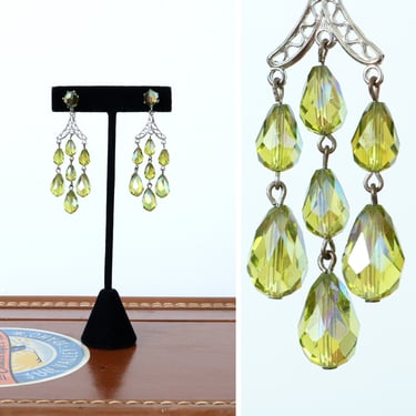vintage 1960s absinthe green crystal clip-on earrings • faceted glass chandelier earrings 