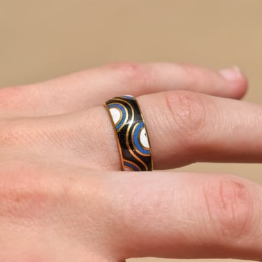 Abstract Cloisonné Enamel Band Ring, Wavy Pattern, Stacking Ring, Estate Jewelry, Size 7 1/2 US 