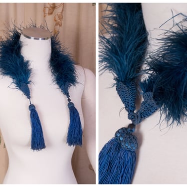 1920s Boa - Rare Vintage Authentic 20s Flapper Feather Boa in Blue Ostrich with Cordé and Tassels 