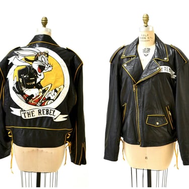 90s Vintage Black Leather Motorcycle Biker Jacket Rebel Bugs Bunny mens Large XL Looney Tunes Cartoon Leather jacket by Baez 