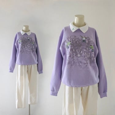 hummingbird sweatshirt -  m - vintage 90s y2k womens lavender Lilac purple sweats top shirts garden bird gardening comfortable 