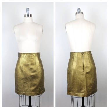 Vintage 1980s leather skirt, mini, gold metallic pencil skirt 