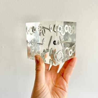 Large Vintage Resin Art optical illusion nuts bolts and screws lucite paperweight sculpture art piece 1970s 