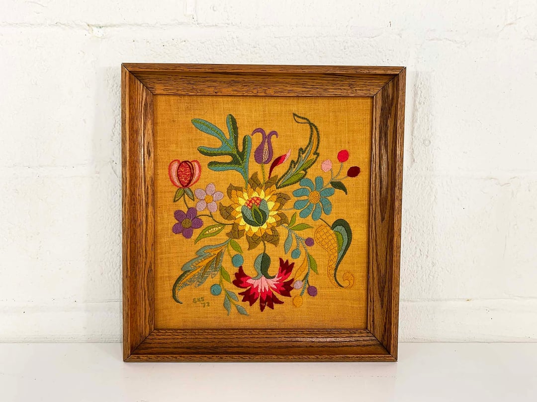 Large Floral/Rose Needlepoint Wall Hanging, 1970’s Wall Decor, 2024 Vintage Flower Art, Crewel Embroidery Framed