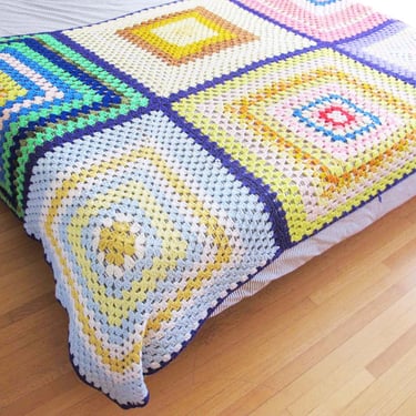 Vintage 70s Granny Square Blanket 96x60 - 1970s Multicolor Crochet