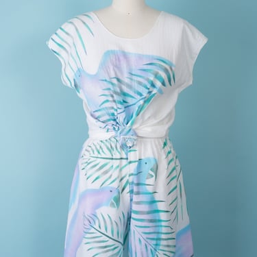 Vintage 80s Ajja Maui Active Artwear Airbrushed Bird Print Cotton Shirt and Shorts Set 