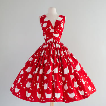 Fabulous 1950's Horrockses RARE Chicken Print Cotton Sun Dress / Small