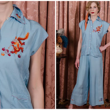 1940s Pajamas - Fabulous Vintage 40s Blue Silk Chinese Embroidered Pajama Set 