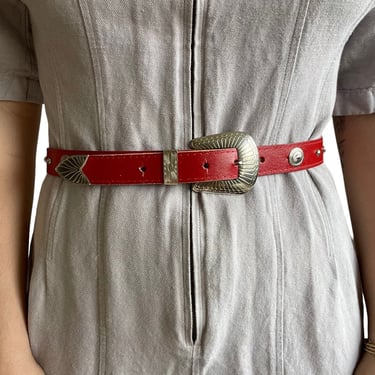 Vintage 90s Womens Red Leather Studded Western Cowgirl Hippie Belt Sz M 