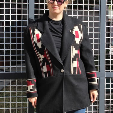 Vintage 1990s Pioneer Wear Western Jacket, Large Women, Black Wool, Southwest Woven Tapestry Trim 