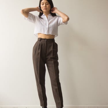1980s Byblos Black and Brown Houndstooth Wool Trousers 