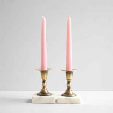 Vintage Pair of Brass and Marble Candle Holders, Candlestick Set 