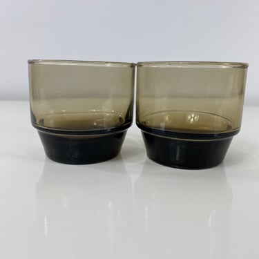 Vintage Libbey Glass TAWNY ACCENT Smoky Brown Double Old Fashion Glass Set of 2, MCM Barware Drinking Glass, Stackable Pedestal Tumblers 