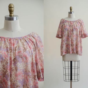 beige pink floral shirt | 70s plus size vintage wide neckline boho peasant blouse 