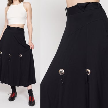 Medium 80s Black Western Concho Maxi Skirt | Vintage Gothic Fit Flare Yoke Waist Boho Festival Skirt 