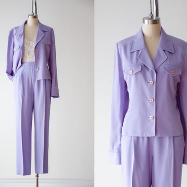 pastel silk suit | 90s vintage Carlisle lavender purple long sleeve blouse trouser pants 2 piece set 