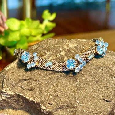 Vobtage Blue Crystal Silver Tone Mesh Chain Bracelet Retro Fashion Jewelry 