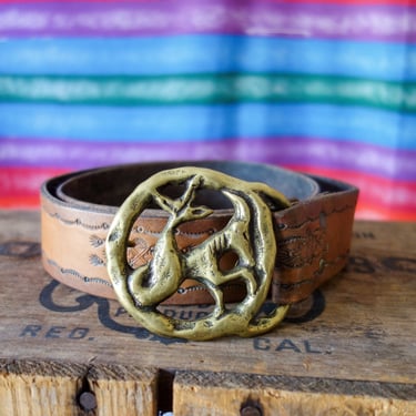 70s zodiac belt Capricorn buckle 32-29" waist, handmade vintage tooled leather brass retro hipster astrology accessories, size medium large 