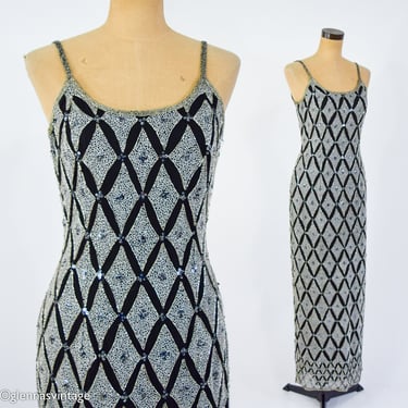 1990s Black Silver Beaded Formal Dress | 90s Black Beaded Evening Dress | PAPELL Boutique | Medium 
