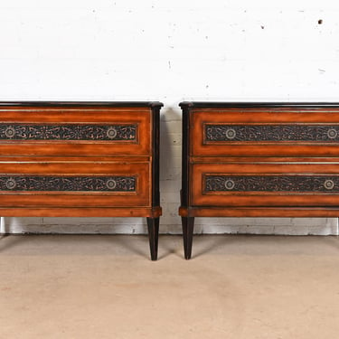 Baker Furniture Italian Regency Louis XVI Cherry and Burl Wood Commodes or Chests of Drawers, Pair