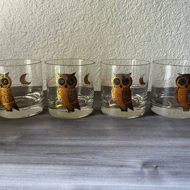 Vintage Couroc Set Of 4 Vintage Owl With Crescent Moon Lowball Rock Glasses 