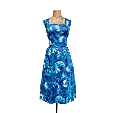Vintage 1950s Blue Floral Cotton Sateen Sun Dress, Sleeveless Summer Frock, Semi Shelf Bust, Pleated Skirt & Crinoline, Med 38