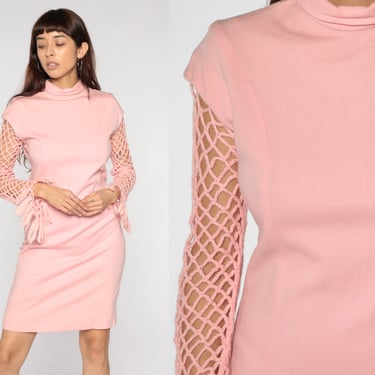 60s Mod Mini Dress Baby Pink Crochet Sleeve Mock Neck Dress 70s Gogo Hippie Retro 1960s Sheath Wool Vintage Shift Twiggy Minidress Small 