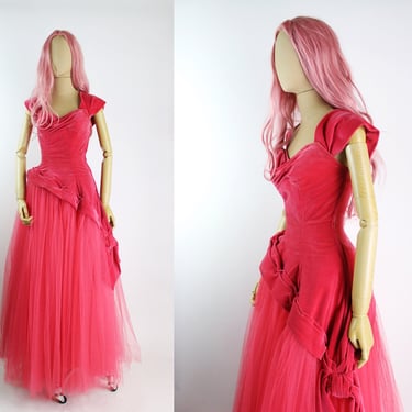 50s Red/Pink Cupcake Gown / Velvet Prom Dress / 50s Party Dress / Vintage Evening Gown /Size xxs.xs 
