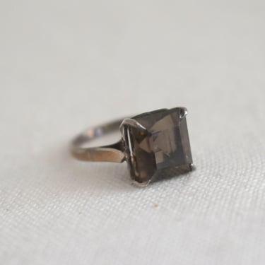 Vintage Smoky Square Stone and Silver Ring, Size 6 