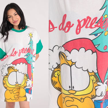 Garfield Pajama Dress 80s 90s Christmas Night Shirt Let's Do Present Sleep Ringer Tshirt Comic Cat 1980s Mini Vintage Small Medium Large 