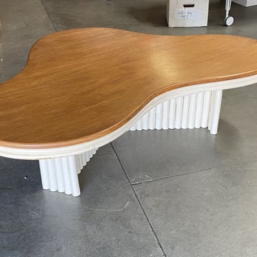 Restored Amoeba with Rattan and Mahogany Coffee Table with Vertically Stacked Leg 