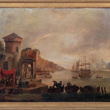 Italian School Harbor Scene Oil on Canvas