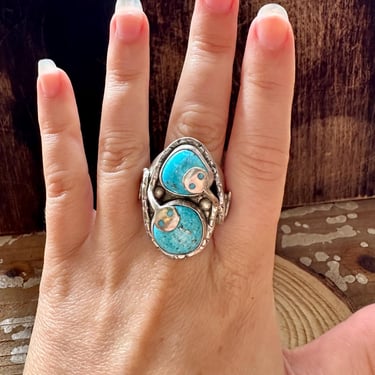 JUDE CANDELARIA Zuni Double Decker Snake Silver & Turquoise Ring | Effie Calvavasa Two Stone Native American Southwestern Jewelry | Size 11 