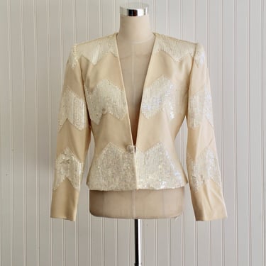 1980s, 80s - Cream Sequin Blazer - Nolan Miller - Wedding Jacket - White Beaded Jacket - Trophy Jacket - Size 6 