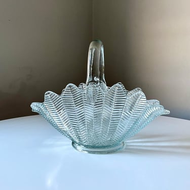 Vintage Clear Glass  L.E. Smith Herringbone Feather Shaped Basket with a Hobnail Base 