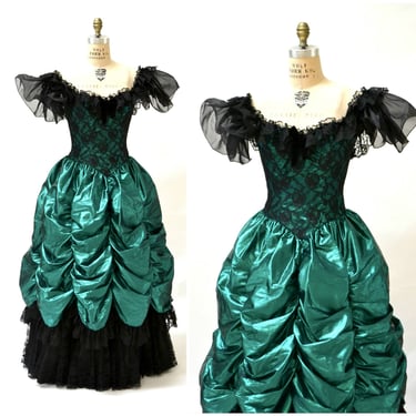 Vintage 80s Prom Dress Ball Gown XS Small Metallic Green Hooked on Honey Boca Raton FL