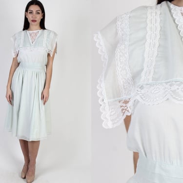 70s 80s Gunne Sax Ocean Breeze Dress Romantic Bridal Lace Deco Garden Tea Mini 