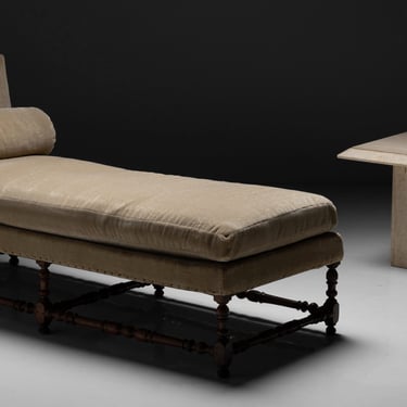 Extra Long French Daybed newly covered in Teddy Mohair by Pierre Frey / Travertine Side Table