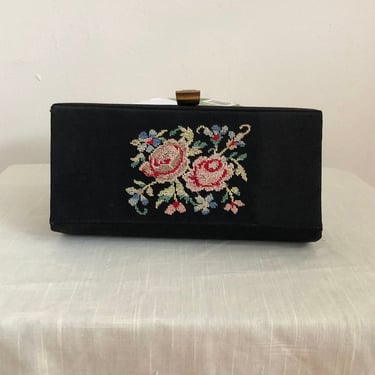 Small Black Clutch Purse with Floral Petit Point Decoration - 1940s 