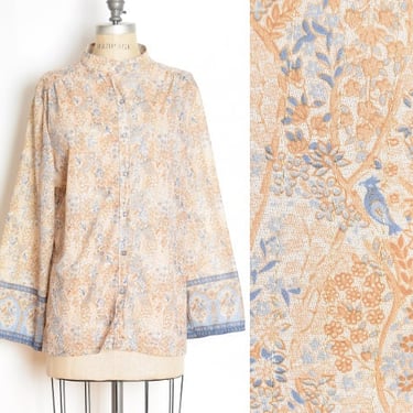 vintage 70s top beige metallic floral birds print hippie boho blouse shirt L XL clothing 