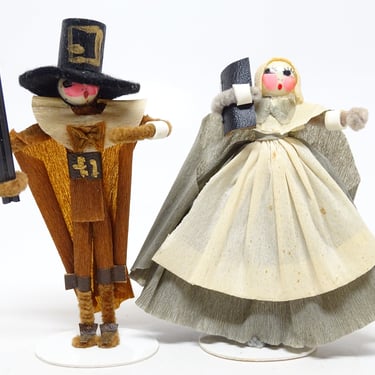 Vintage Hand Made Pilgrim Girl and Boy, Hand Painted Face, Crepe Paper Clothes for Thanksgiving 